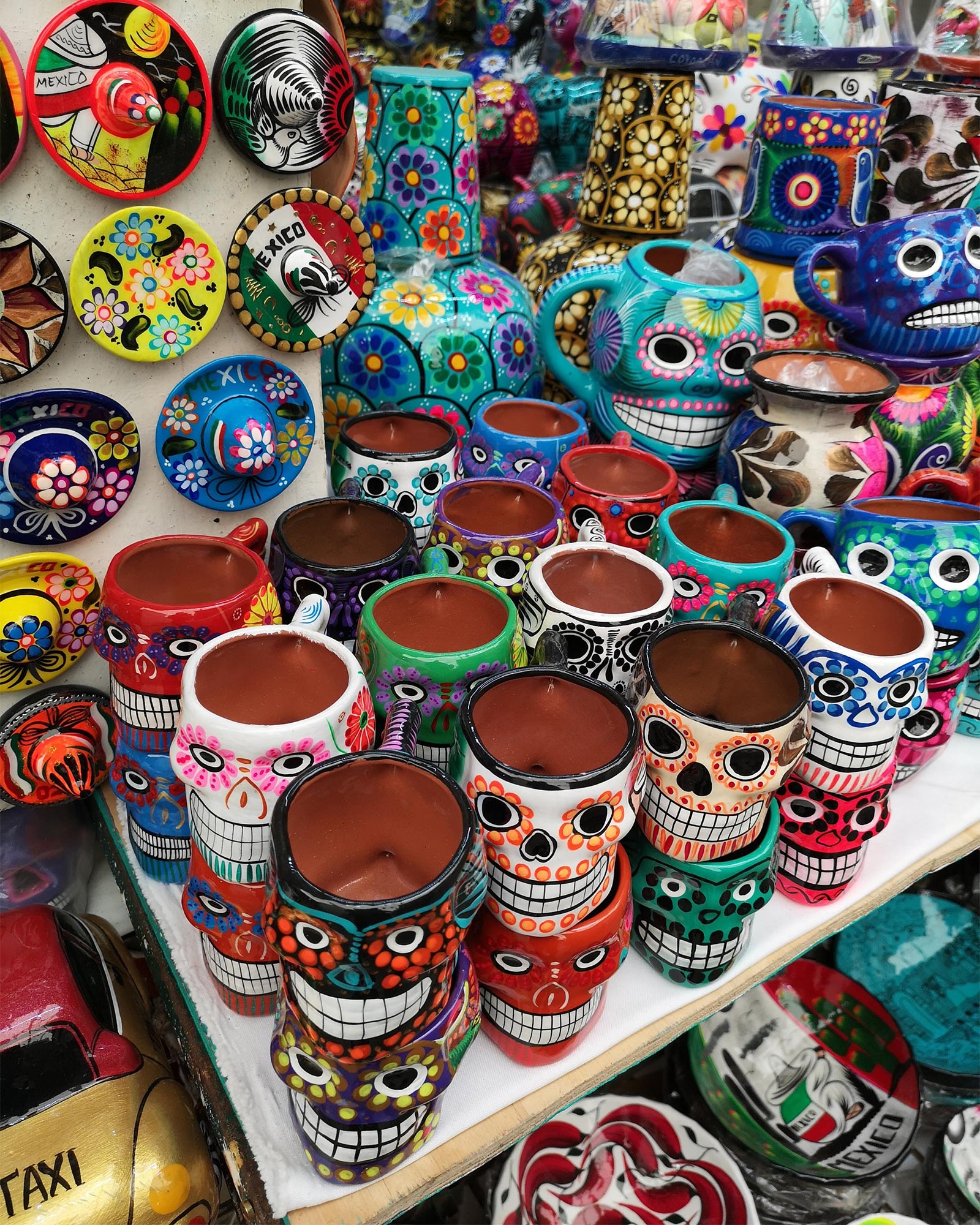 Folk art mugs in CoyoacÃ¡n in Mexico City